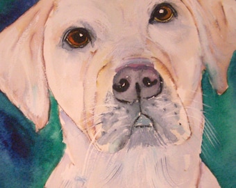 Può includere: Dipinto ad acquerello di un cane Labrador Retriever giallo. Il cane ha occhi marroni, un naso nero e una bocca rosa chiaro. Lo sfondo è una miscela di tonalità turchese e blu.