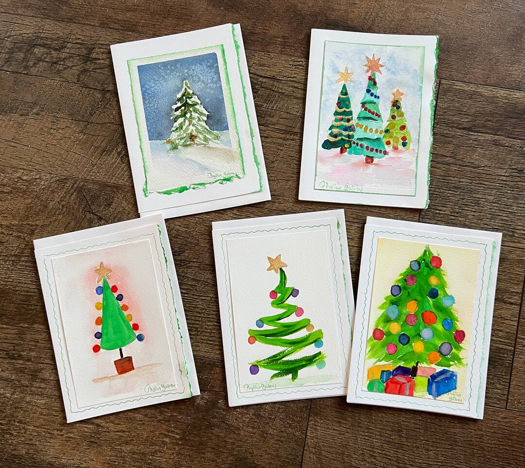 Christmas Tree Watercolor Cards Etsy