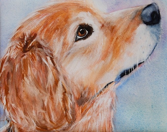 Può includere: Dipinto ad acquerello della testa di un cane Golden Retriever, che mostra il suo profilo. Il cane ha un pelo marrone chiaro, un naso nero e un'espressione gentile. Lo sfondo è una morbida miscela di tonalità blu e viola.