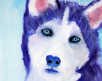 Può includere: Dipinto ad acquerello di un cane Husky con occhi blu e naso blu. Il pelo del cane è un mix di bianco e viola scuro, con accenti rosa all'interno delle orecchie. Lo sfondo è un lavaggio blu chiaro.