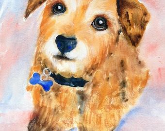 Può includere: Dipinto ad acquerello di un cane con pelo marrone, occhi scuri e un collare nero con un'etichetta blu a forma di osso. Lo sfondo presenta morbidi lavaggi ad acquerello rosa, blu e bianco.