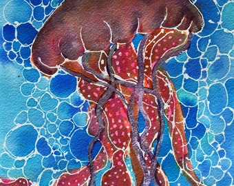 Puede incluir: Pintura acuarela de una medusa con una campana marrón y tentáculos rosados sobre un fondo azul con círculos blancos.