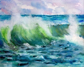 May include: Watercolor painting of a breaking ocean wave. The wave is depicted in shades of green and blue, with white foam and a cloudy sky in the background. The artwork captures the dynamic movement of the water.