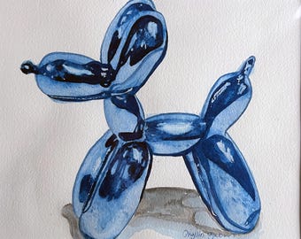 Puede incluir: Pintura a la acuarela de un perro globo azul. La obra de arte presenta un acabado brillante y reflectante, con detalles en azul oscuro. El perro está posado en una postura juguetona, sobre un fondo blanco.