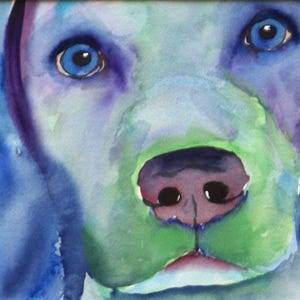 May include: Watercolor painting of a dog's face, featuring blue, green, and purple hues. The dog has bright blue eyes, a green muzzle, and a purple nose. The artwork is a close-up portrait, showcasing the dog's expressive features.