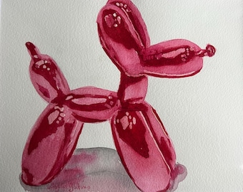 Può includere: Dipinto ad acquerello di un cane palloncino rosa. L'opera presenta un cane formato da un palloncino attorcigliato. Il cane è dipinto in tonalità di rosa e rosso, con luci e ombre che aggiungono profondità. Lo sfondo è bianco.