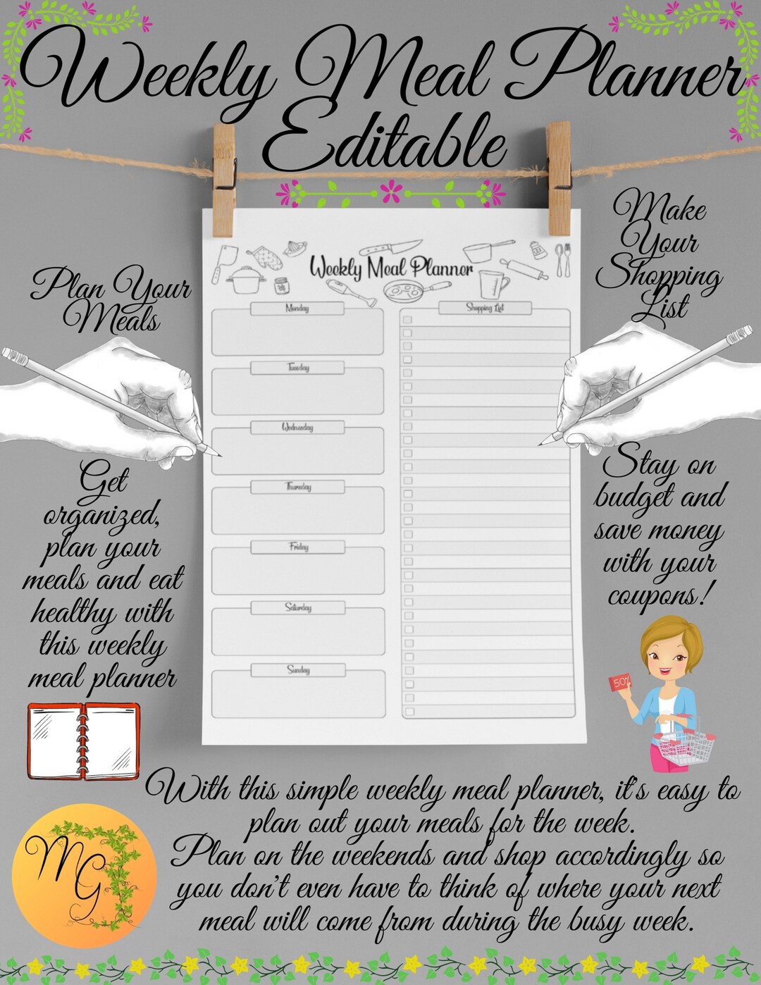 Editable Weekly Meal Planner Printable: Grocery List (PDF) - Etsy