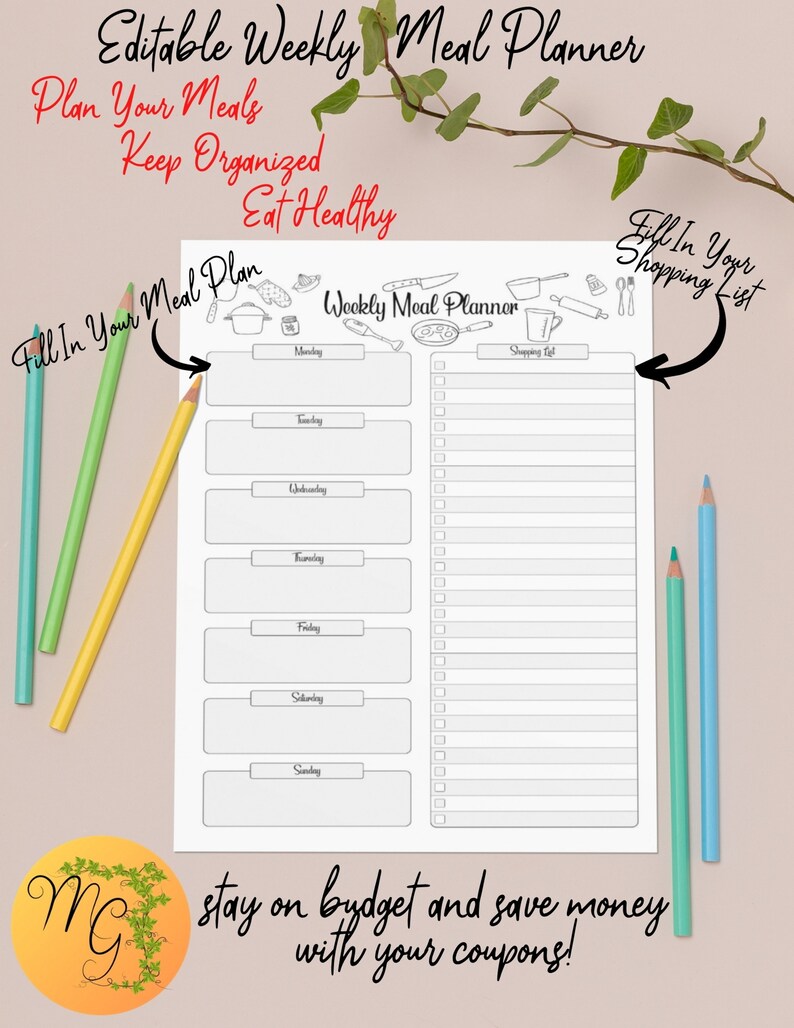 Editable Weekly Meal Planner Printable: Grocery List (PDF) - Etsy