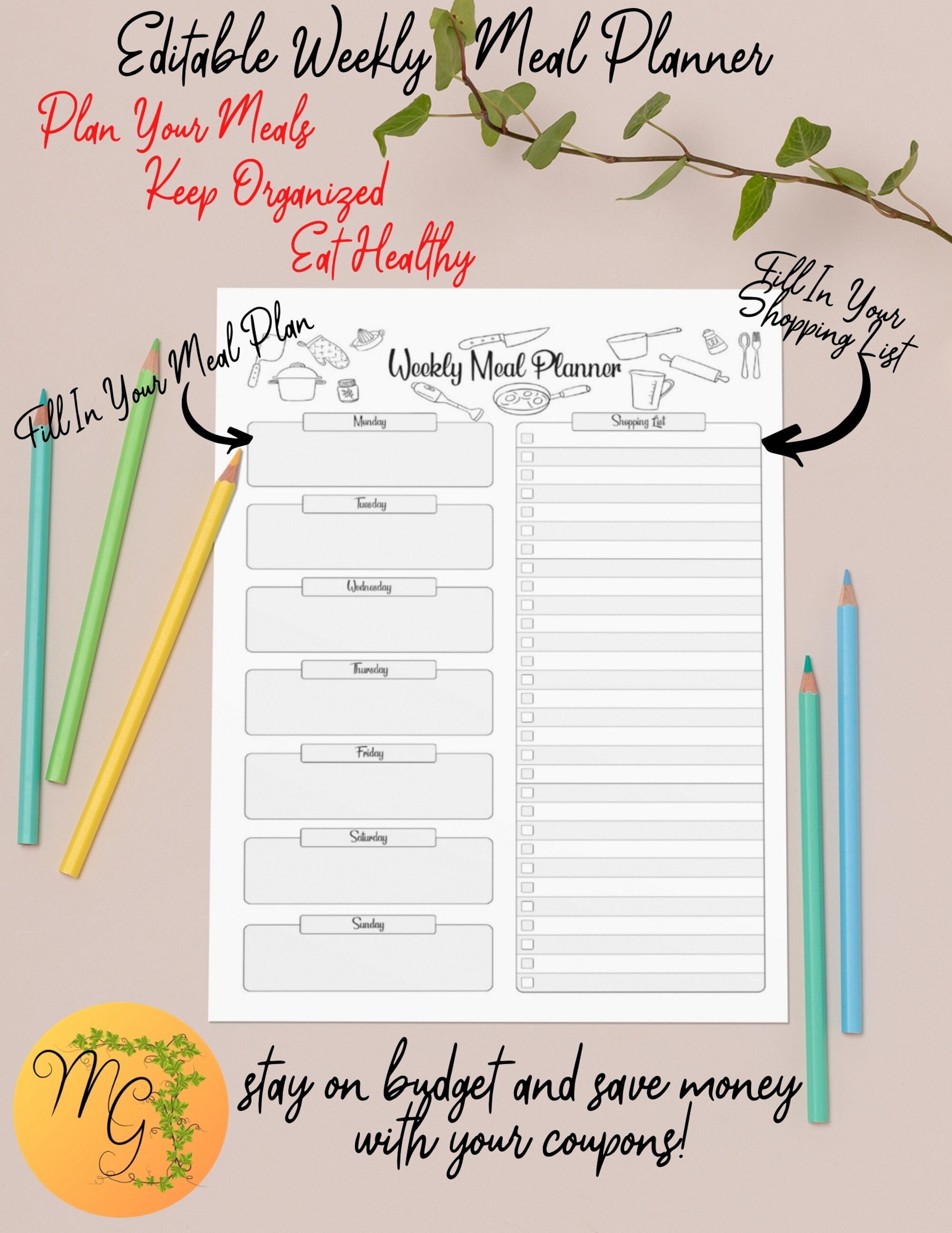 Editable Weekly Meal Planner Printable: Grocery List (PDF) - Etsy
