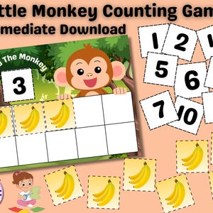 May include: A children's counting game with a monkey theme. The game includes a board with spaces for bananas, number cards, and banana cards. The text "Little Monkey Counting Game" and "Immediate Download" are visible.