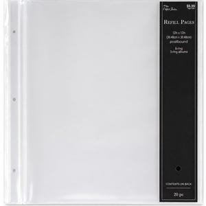 May include: A pack of 20 clear plastic refill pages for 12 inch by 12 inch postbound, 3-ring, and 8-ring albums. The packaging features a black vertical strip on the right side with white text detailing the product specifications and contents.
