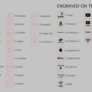 May include: A collection of social media and payment platform icons, including Etsy, Instagram, and PayPal, arranged in a grid. The text "ENGRAVED ON THE BACK" is at the top. The icons are in a pink outline.