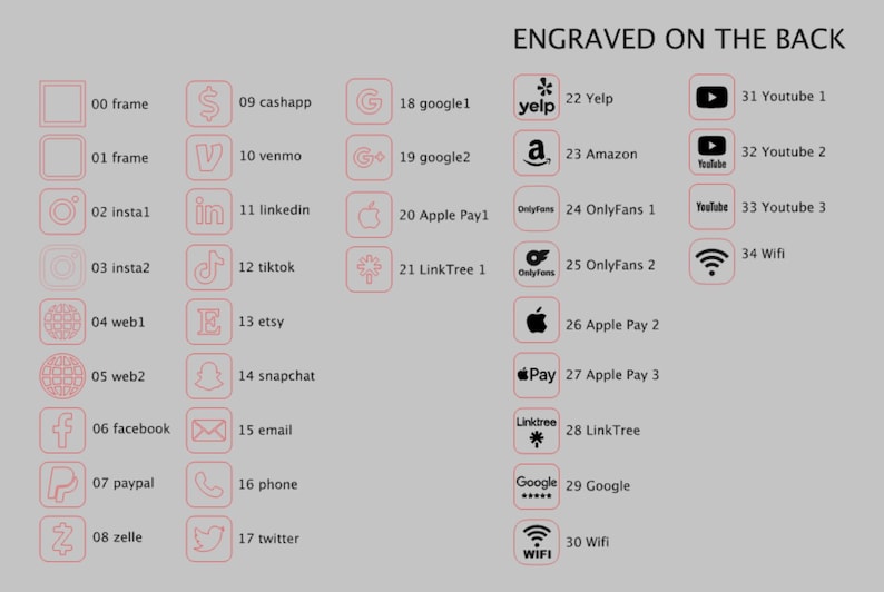 May include: A collection of social media and payment platform icons, including Etsy, Instagram, and PayPal, arranged in a grid. The text "ENGRAVED ON THE BACK" is at the top. The icons are in a pink outline.