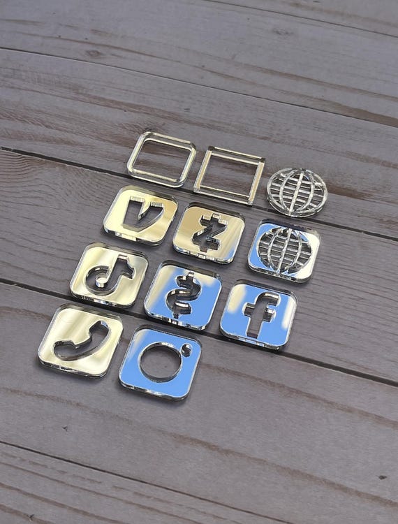 Silver Mirror Social Media Logo Acrylic Blanks - Laser Cut Icons for DIY Display, Branding, Pop-Up Shops - Instagram TikTok Etsy Tags
