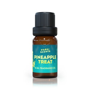 May include: A brown glass bottle with a black cap and a teal label that reads "PARK+SCENTS PINEAPPLE TREAT 10 ML FRAGRANCE OIL".