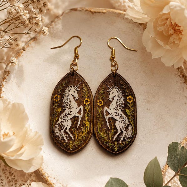 Hand Painted Medieval Style Floral Unicorn Wooden Dangle Earrings