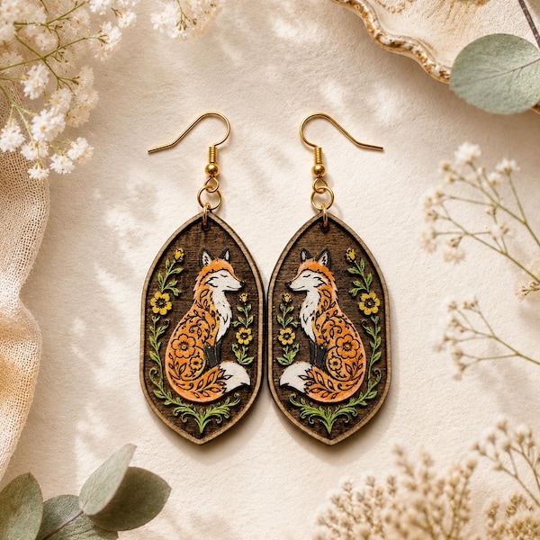 Hand Painted Medieval Style Floral Fox Wooden Dangle Earrings