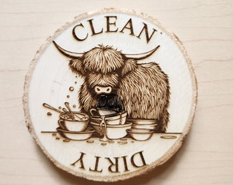 Highland Cow Dishwasher Clean & Dirty Wooden Magnet for Kitchen Dishwashing Machine