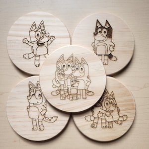 Bluey Engraved Wood Coaster Set - Perfect Gift for Wedding, Engagement, Anniversary