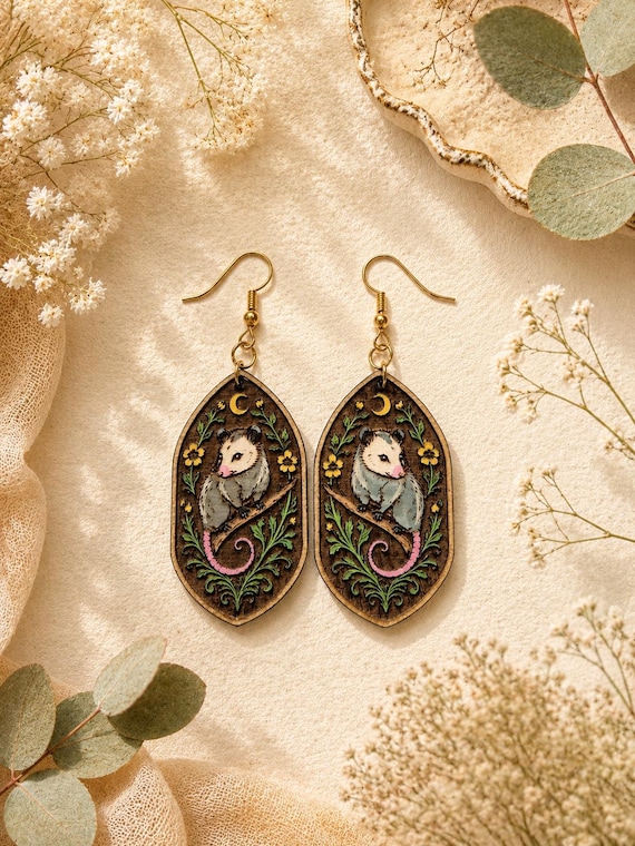 Hand Painted Medieval Style Floral Possum Wooden Dangle Earrings