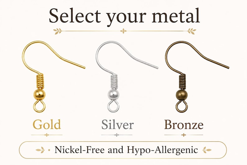 Puede incluir: Tres ganchos para pendientes de metal en tonos oro, plata y bronce, cada uno con una espiral y una peque&ntilde;a anilla en la base. El texto dice Select your metal, Gold, Silver, Bronze y Nickel-Free and Hypo-Allergenic.