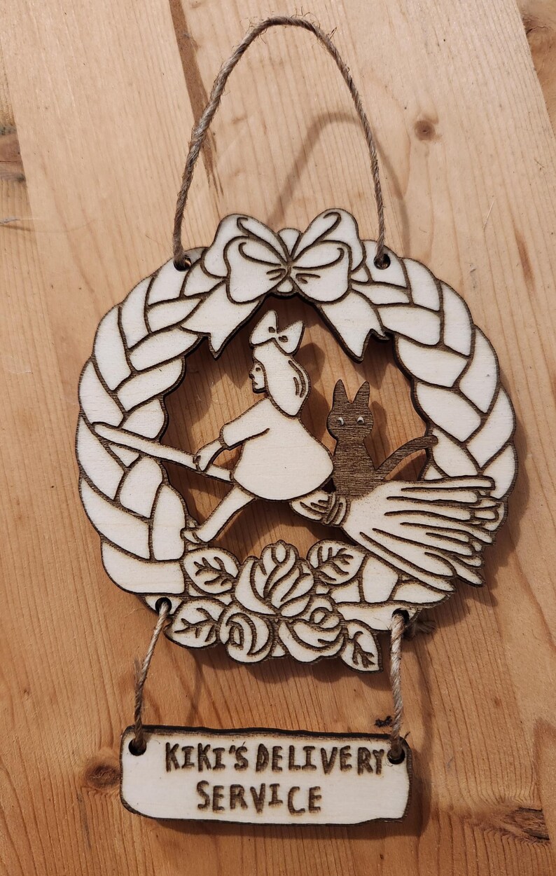 Kiki's Delivery Service Ornament ~ Laser Cut Wood Sign Ornament ~ Kiki and Jiji Sign ~ Miyazaki Studio Ghibli Ornament Bild 4