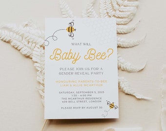 ¿Qué será Baby Bee? Invitación a fiesta de revelación de género, tema de abeja - Plantilla editable en Canva
