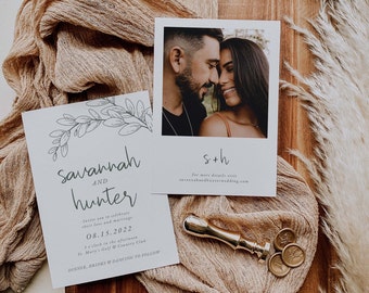 Waldgrüne Hochzeitseinladung, Minimale Jägergrüne Einladung - druckbare bearbeitbare Canva Vorlage