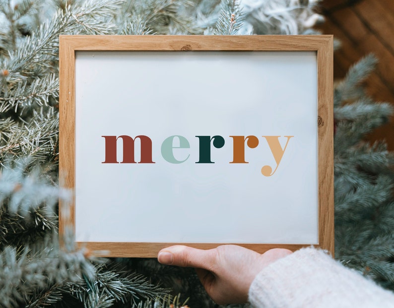 Merry Written Merry Printable Art, Modern Boho Christmas Print - Instant Digital ...