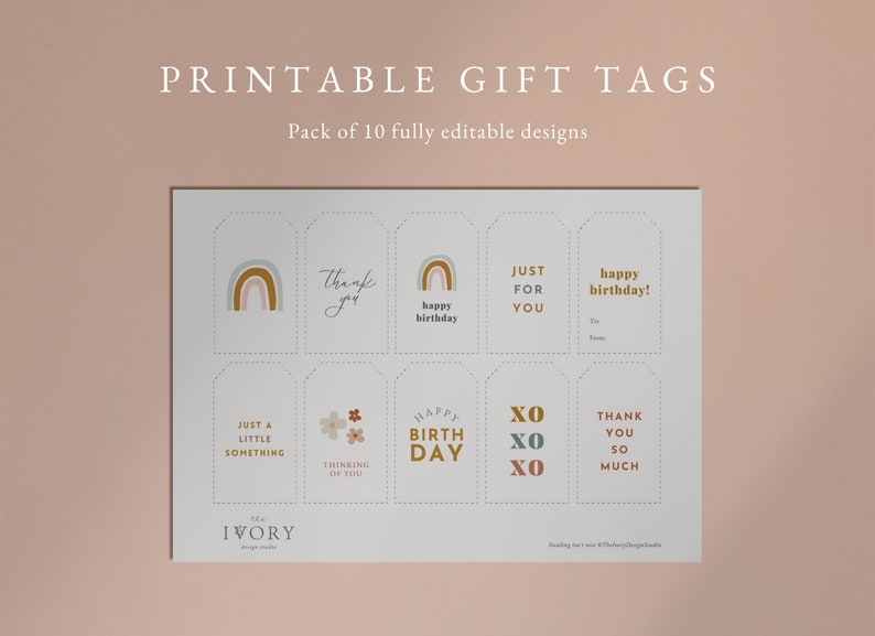 Gift Tags, Printable Boho Birthday Tags, Thank You Tags, Variety Pack of 10 Editable Canva Template image 3