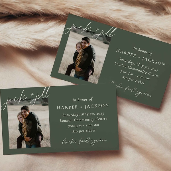 Jack and Jill Tickets - Forest Green Stag and Doe Landscape Tickets - Printable, Editable Canva Template