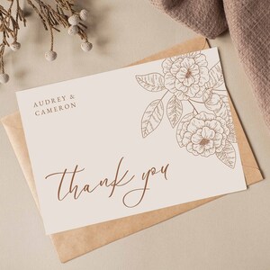 Boho Floral Wedding Thank you Card, Neutral Flower Thank you - Editable Canva Template