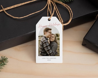 Frohe Feiertage Geschenkanhänger, druckbare Weihnachtsgeschenkanhänger, anpassbare Bogen Foto Urlaub Geschenkanhänger - Bearbeitbare Canva Vorlage