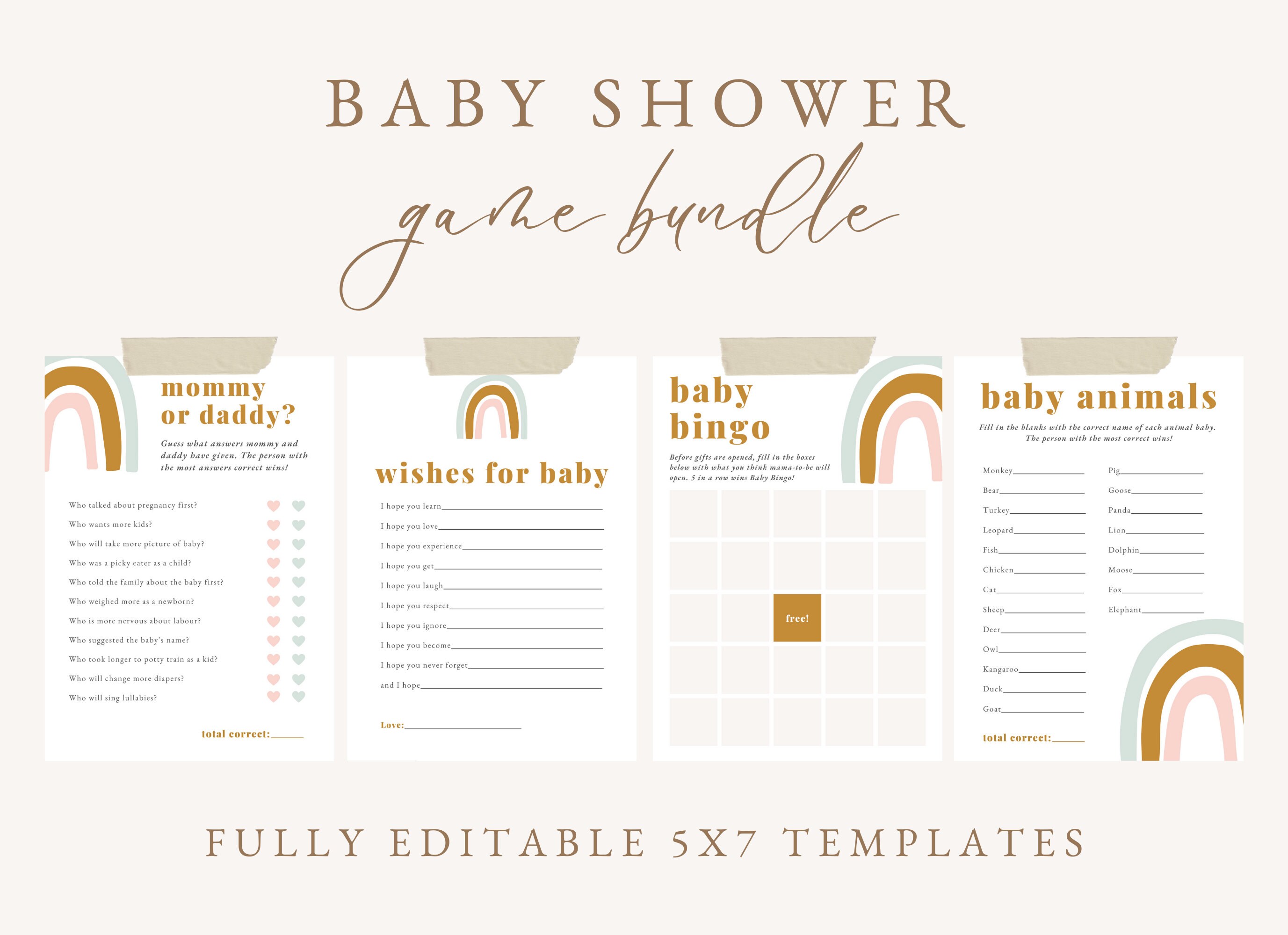Baby Shower Games, Set of 4 Boho Rainbow Printable Shower Games ...