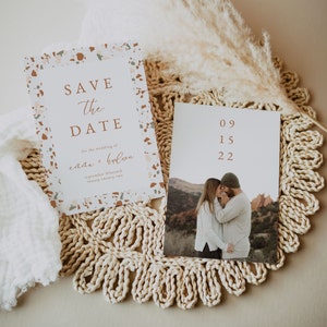 Boho Terrazzo Save the Date - Trendy Save the Date - Bewerkbare Canva-sjabloon
