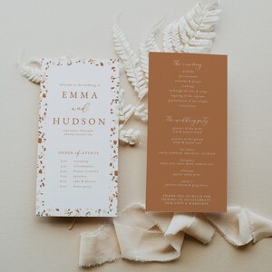 Boho Terrazzo Wedding Program, Modern Fun Wedding Timeline - Editable Canva Template