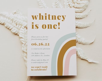 Rainbow Invitation, Neutral Birthday, First Birthday Invite - Editable Canva Template
