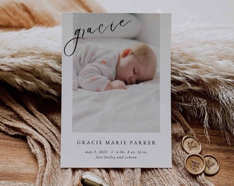 Script birth announcement, Photo Birth announcement card -  Editable Canva Template