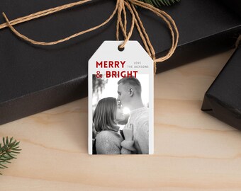 Merry & Bright Geschenkanhänger, druckbare Weihnachtsgeschenkanhänger, anpassbare Fotourlaubsgeschenkanhänger - bearbeitbare Canva-Vorlage