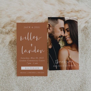 May include: A brown and white wedding invitation with the text "JACK & JILL" and "willow + Landon" in a script font. The invitation includes the date, time, and location of the wedding. The invitation also includes the text "$10/PERSON" and "MUSIC | DRINKS | PRIZES". A separate card with a photo of a couple and the text "thank you FOR YOUR SUPPORT!" is also included.