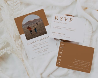 Suite de invitación de boda con fotografía de arco - Invitaciones bohemias modernas - Plantilla editable en Canva