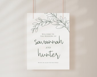 Forest Green Wedding Welcome Sign, Floral Hunter Green Sign - Printable Editable Canva Template