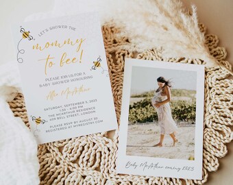 Mommy-to-bee Baby Shower Invitation, Bee theme Invitation - Editable Canva Template