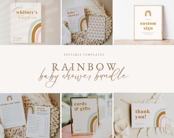 Rainbow Baby Shower Template Bundle | Invitation, Thank You Card, Signs, Games - Editable Canva Templates