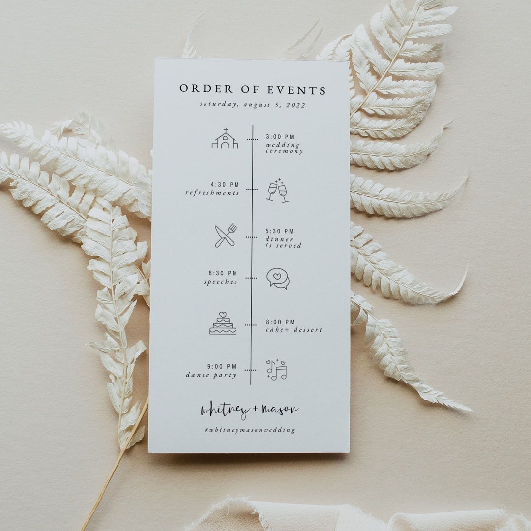 Minimalist Wedding Order of Events, Modern Wedding Timeline Editable