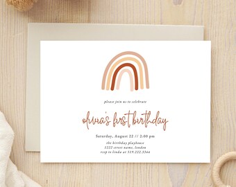 First Birthday Invitation, Boho Rainbow Birthday -  Editable Canva Template