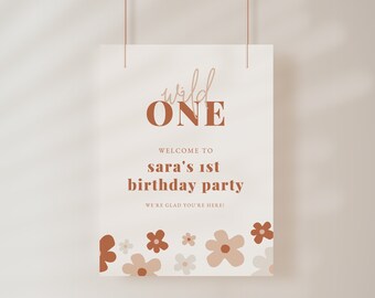 Erstes Geburtstag Willkommensschild, Wild One, Daisy 1. Geburtstag druckbares Schild - bearbeitbare Canva Vorlage