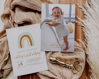 Regenbogen Erster Geburtstag, Boho 1. Geburtstag einladen - Bearbeitbare Canva Vorlage
