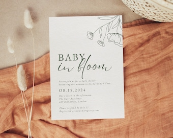Baby in Bloom Babypartyeinladung - Salbei Blumendusche einladen - Bearbeitbare Canva Vorlage