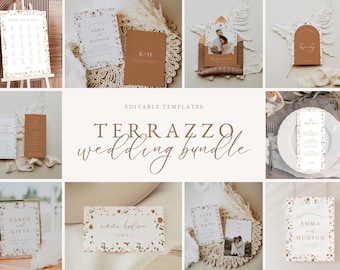 Boho Terrazzo Wedding Template Bundle | Invitation, Save the Date, Menu, Signs, Stationary - Editable Canva Template